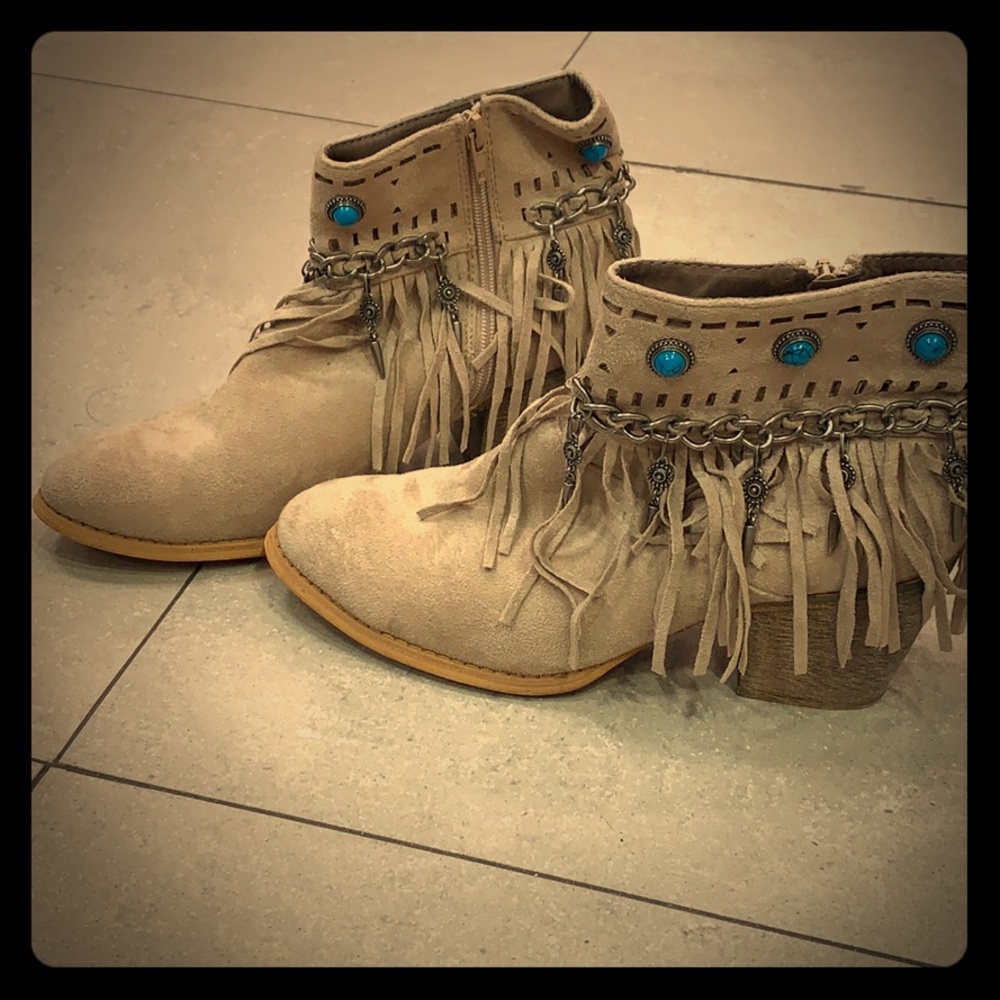 Turquoise and tan ankle boots